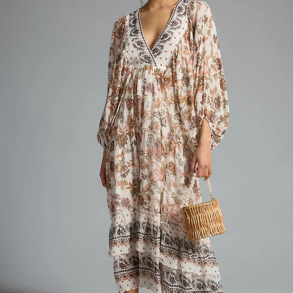 Anthropologie Dresses & Skirts - Floral Bohemian Maxi Dress - Cream and Brown